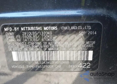 2015 Mitsubishi Mirage De/Rf из США, поврежденный, VIN ML32A3HJ2FH012488